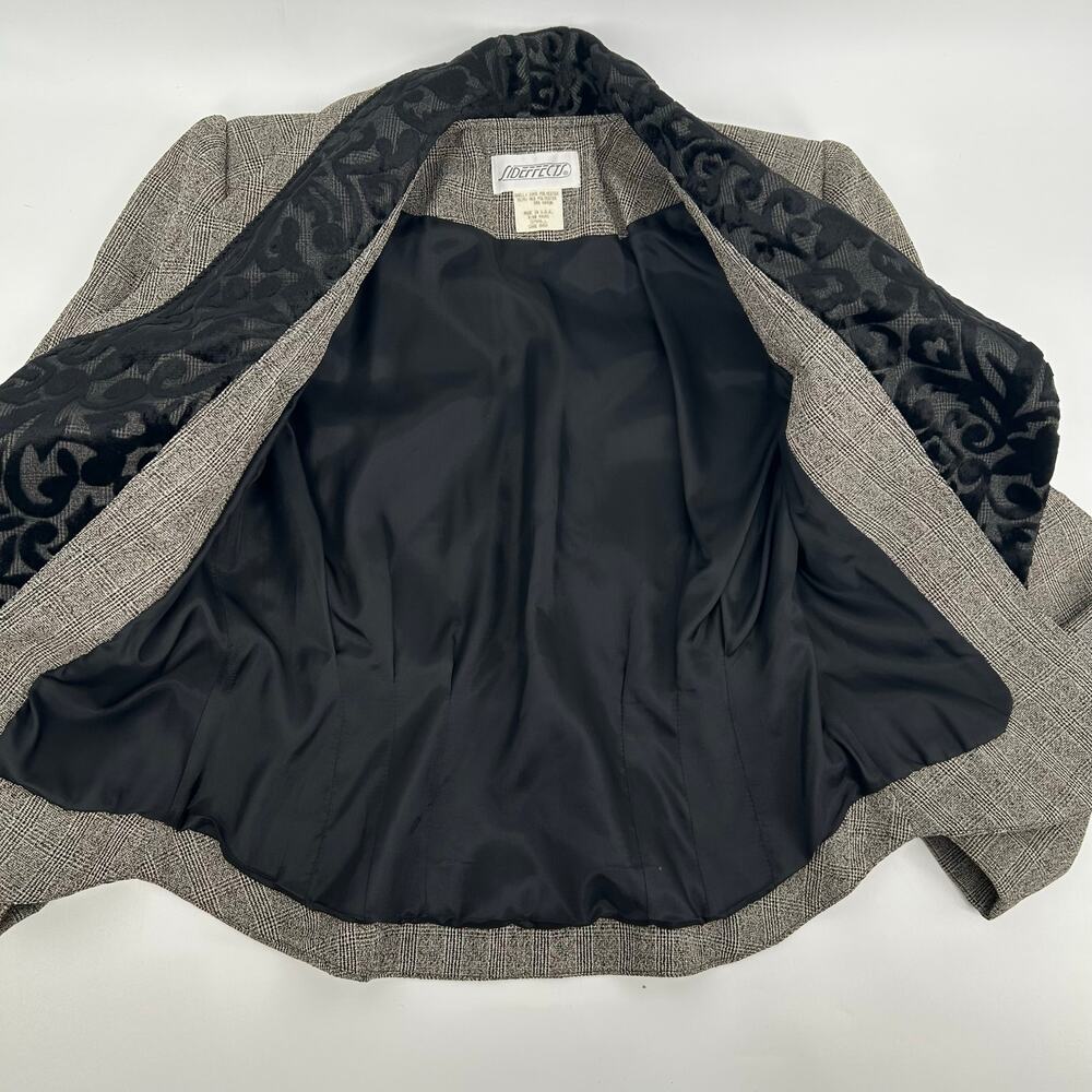 VTG 90s Womens Black Grey Sideffects Glen Check Plaid Velour Paisley Blazer Sz S - Picture 5 of 8